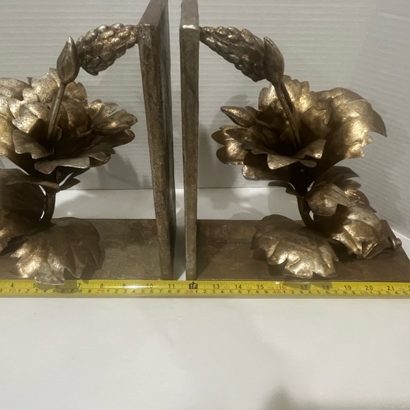 UTTERMOST Wood and Gold Brushed Metal Flower Design Vintage Bookends - RARE - Picture 9 of 10